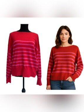 Buffalo David Bitton Women's Red and Pink Striped Boatneck long sleeve Sweater